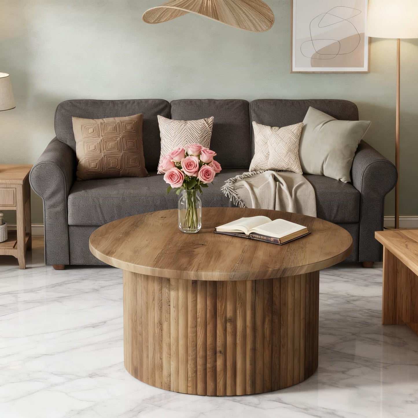 Salontafel – Woonkamertafel – Koffietafel – Bijzettafel – Ronde Tafel – Houtnerf Spaanplaat Tafelblad – Met Stabiel Metaal Onderstel – Ø80 cm – Ruimtebesparend Design