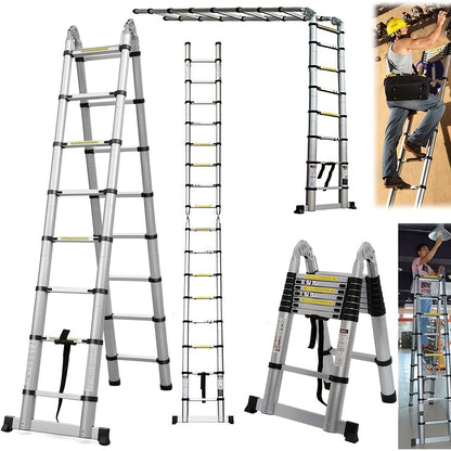 Telescopische Vouwladder – Uitschuifbare Ladder – Opvouwbare Trap – A-Frame Ladder – Steigerladder – 5 Meter Bereik – Robuuste Metalen Constructie