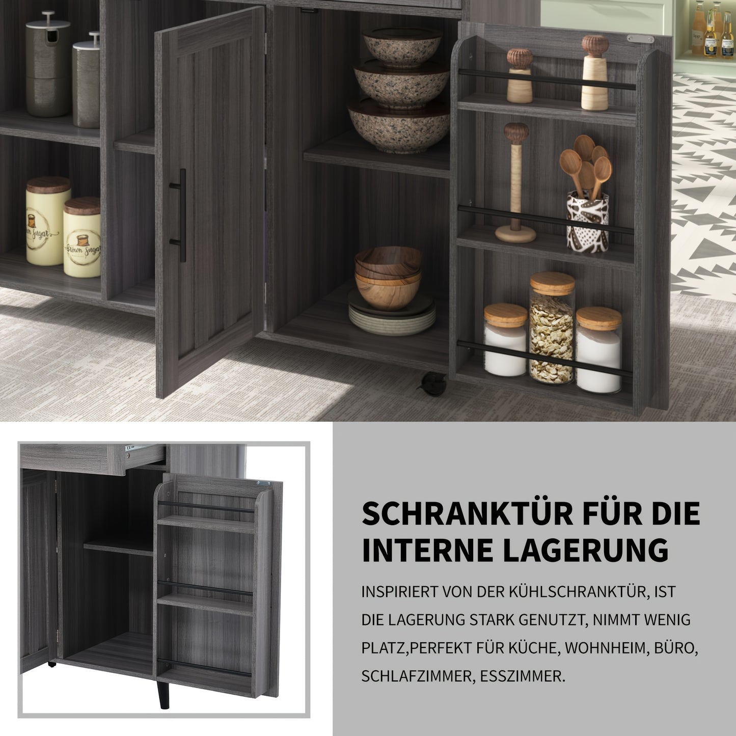Eettafelkar – Dressoir – Opbergkast – Keukenwagen – Serveerwagen – Uitbreidbaar Marmeren Blad – Mobiel Met Wielen – Khaki Grijs Houtnerf – Massief Houten Poten