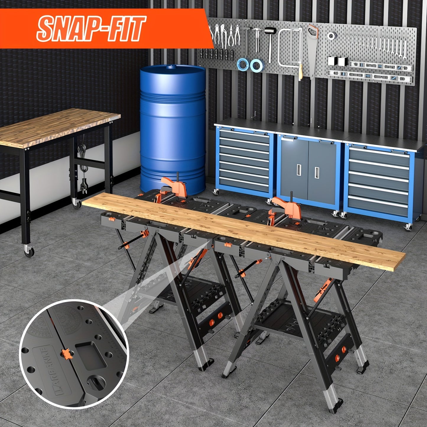 2-in-1 Folding Workbench, Waterproof Portable Folding Work Table, 78.74cm W X 63.5cm D X 81.28cm H Workbench, Height-Adjustable Work Table With 4 Woodworking Clamps, 4 Connecting Blocks, 2 Limit Blocks