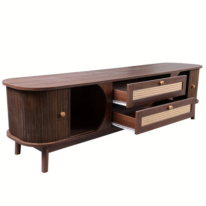 TV Cabinet - Natural Mixed Wood TV Cabinet with Doors And Drawers. TV Cabinet with Rattan Edges. Natural Country House Style