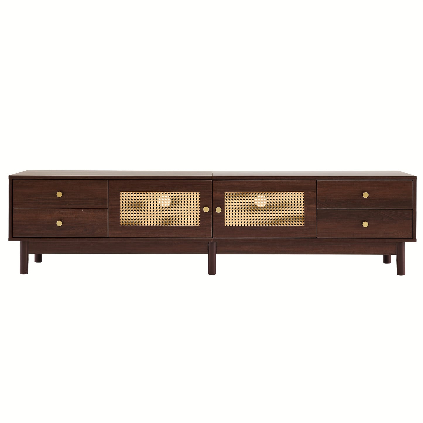 Modern TV Stand Compatible for 80-Inch TVs, Metal Frame with Dark Wood Grain, 2 Rattan Doors & 4 Drawers, Cable Management System & Hydraulic Hinge Doors - Media Console