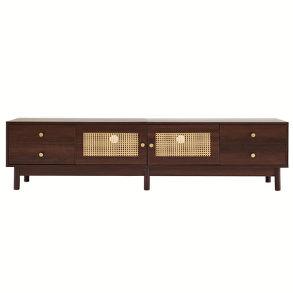 Modern TV Stand Compatible for 80-Inch TVs, Metal Frame with Dark Wood Grain, 2 Rattan Doors & 4 Drawers, Cable Management System & Hydraulic Hinge Doors - Media Console