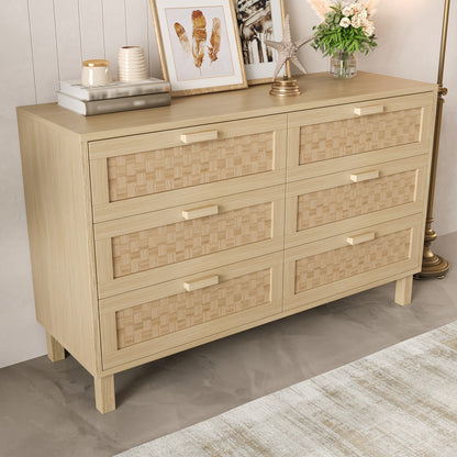 Sideboard – Dressoir – Ladekast – Opbergkast – Kast Met 6 Laden – Bamboe Frame – Rattan Laden – Ruime Opbergruimte – Modern Natuurlijk Design