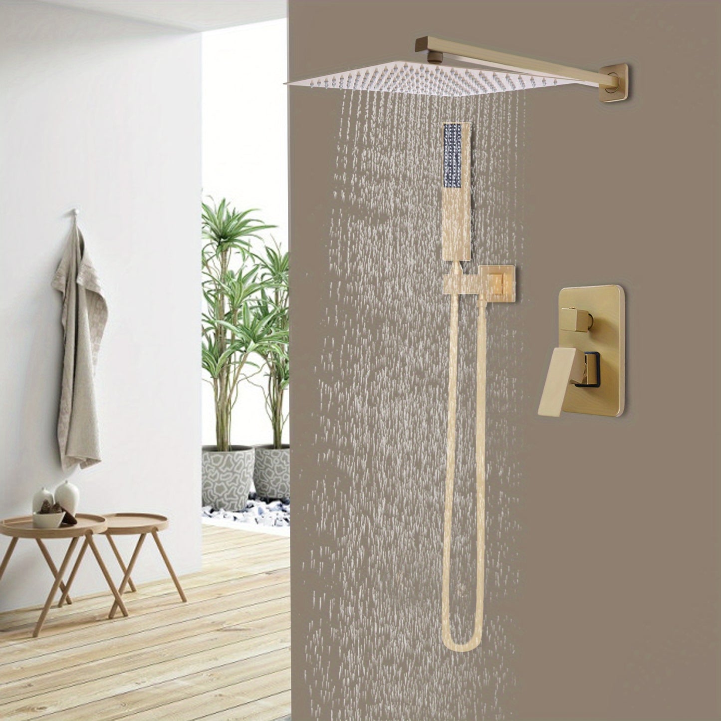 Inbouw Doucheset – Regendouche – Handdouche – Thermostaatkraan – Douchestel – 30cm Goudkleurig – Geborsteld Messing – Duale Stralen – Drukbalancerende Cartridge