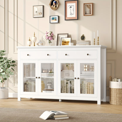 Sideboard – Dressoir – Buffetkast – Opbergkast – Vitrinekast – Wit MDF – 140x90,7x40 cm – 2 Lades en 4 Glazen Deuren met Verstelbare Planken