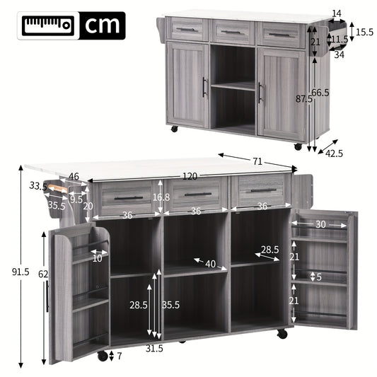 Dressoir – Opbergkast – Ladekast – Buffetkast – Wandkast – Grijs Houten Fineer – Wit Marmeren Werkblad – Inklapbare Werktafel – Compact 139x46(71)x91,5 cm