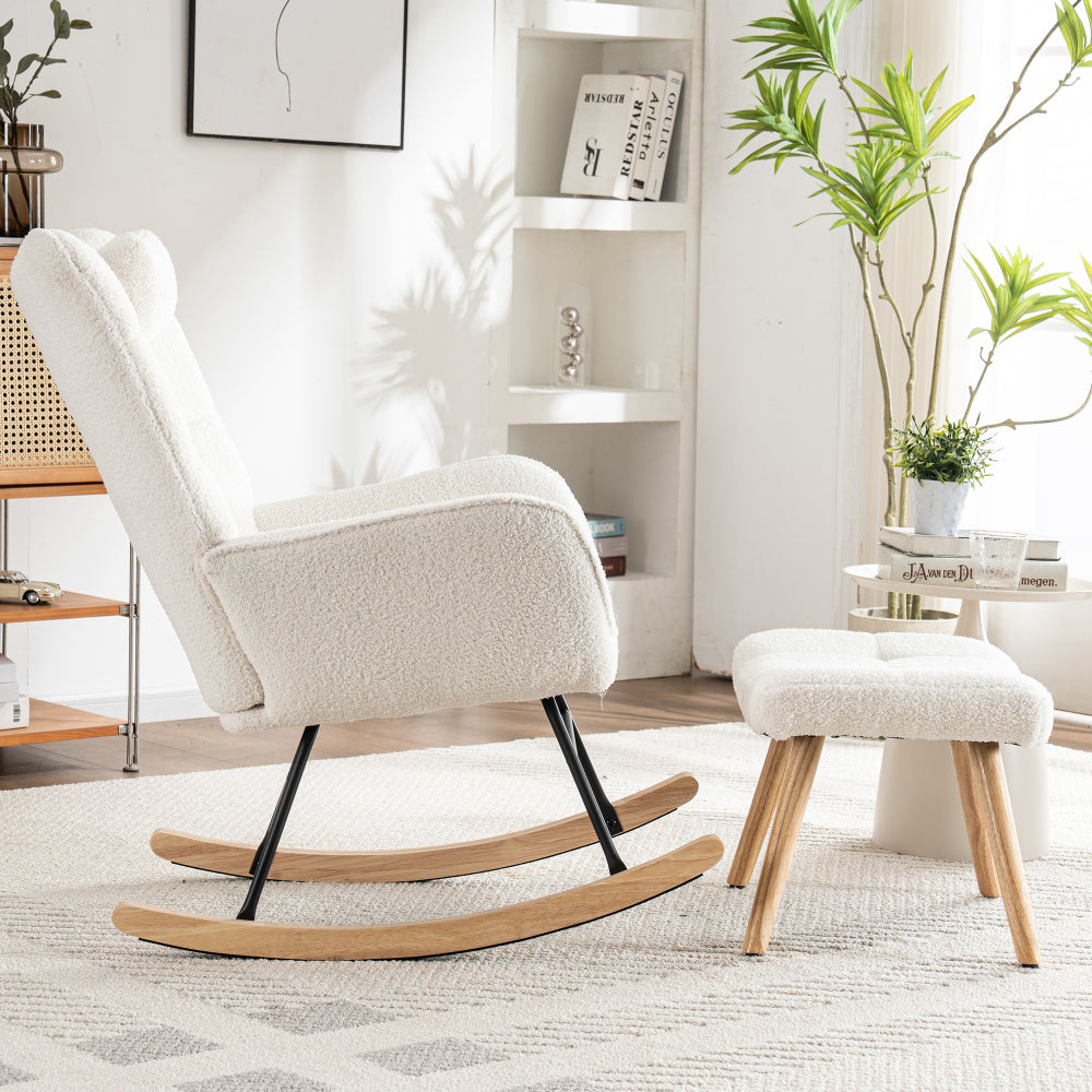 Relaxstoel – Fauteuil – Loungestoel – Schommelstoel – Draaifauteuil – Witte Relaxstoel Met Voetensteun – Breed Zitvlak 65 cm – Stevige Schommelmechaniek Met Hoofdsteun