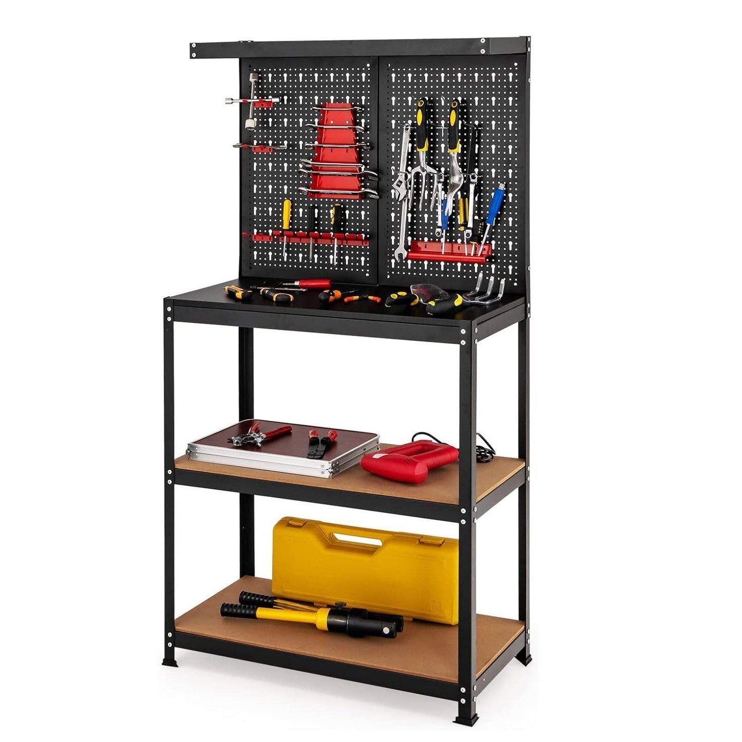 1pc POWERSTONE Heavy-Duty Workbench with 3 Shelves and 13 Hanging Accessories - Multipurpose Metal Utility Table for Garage, Home, Warehouse - Durable Hardwood and MDF Construction, Black