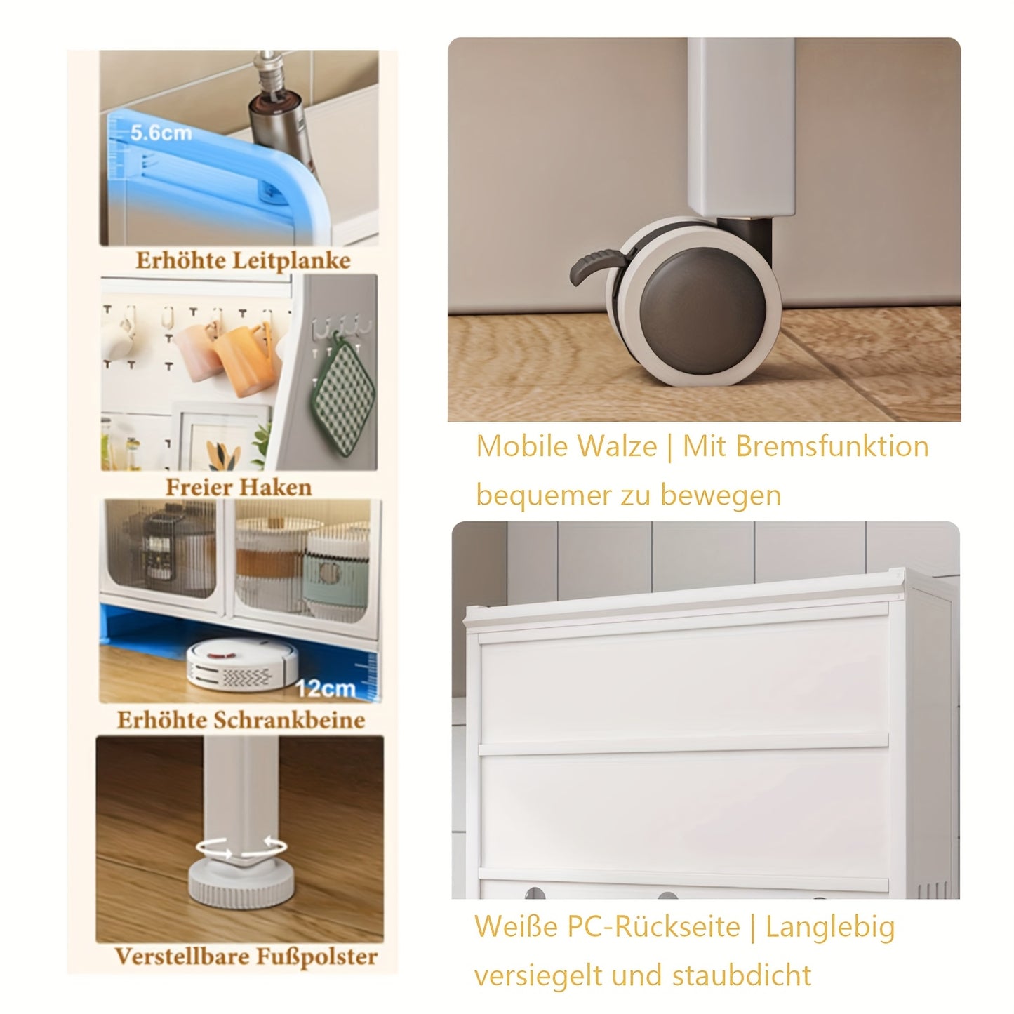 Keukenkast – Hoge Kast – Opbergkast – Magnetronkast – Buffetkast – Verrijdbaar Met Wielen – 5 Niveaus Met Verstelbare Planken En Werkblad – Stevig Metalen Design – Compact 66x36x160 cm