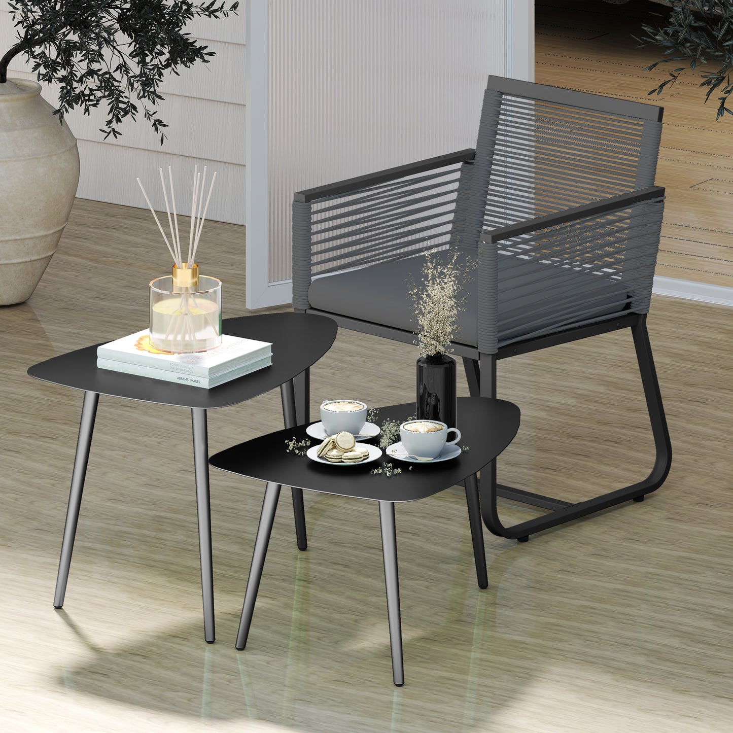 Bijzettafel – Bijzettafels – Salontafel – Banktafel – Nachtkastje – Weerbestendig Stalen Frame – Modern Driehoekig Design Zwart