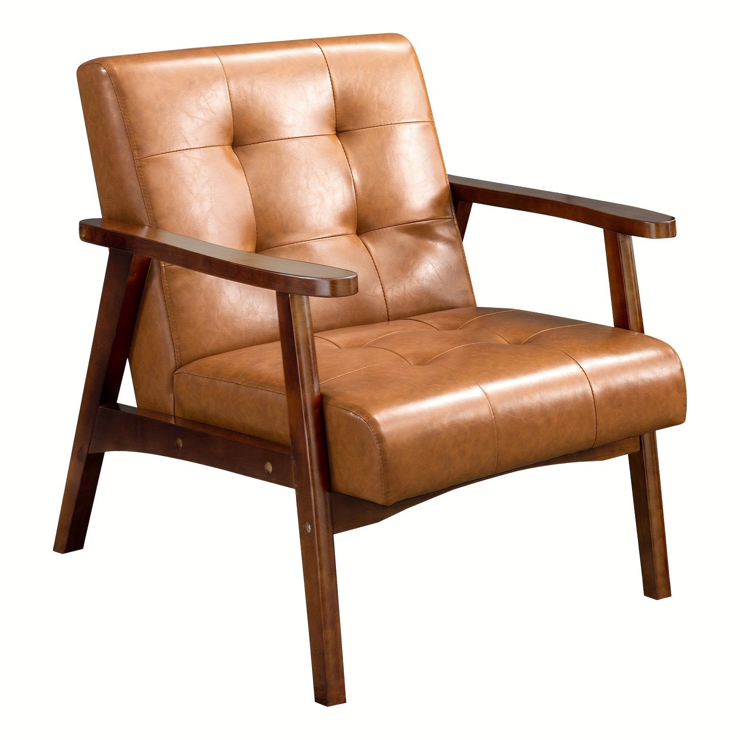 Fauteuil – Stoel – Armstoel – Zetel – Mid-Century Chair – Rustkleur – Beukenhouten Frame – Kunstleren Bekleding – Comfortabele Schuimvulling – Houten Armleuningen