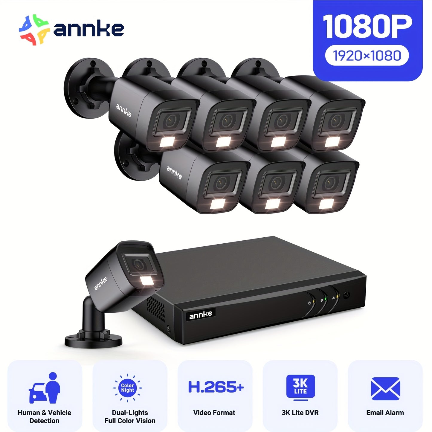 Beveiligingscamera Set – Camerabewaking – Bewakingscamera – CCTV Camerasysteem – Beveiligingscamera Binnen & Buiten – 16 Kanalen DVR – AI Bewegingsdetectie Mens & Voertuig – 8x 1080p Camera’s Met Nachtzicht 20m – H.265+ Video Compressie