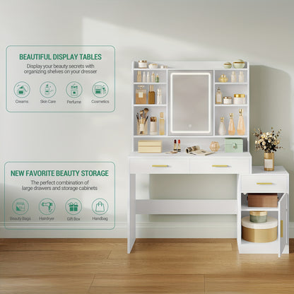 Jewelry Cabinet, Dressing Table, Large Tabletop with Mirror, 3 Drawers And 1 Cabinet, Open Multi-Tier Shelves, for Bedroom, Wardrobe, 40 X 130 X 149cm, White, Jewelry Armoires
