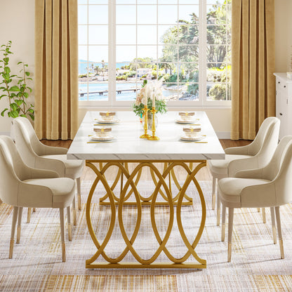 Eettafel – Tafel – Dinertafel – Keukentafel – Ontbijttafel – 63 inch Groot – Wit Faux Marmeren Blad met Gouden Geometrische Poten