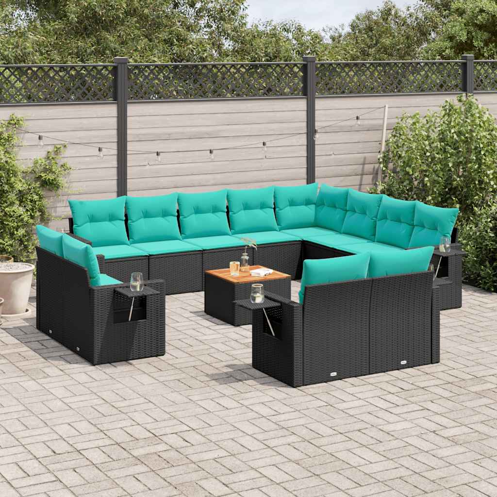 Tuinbank – Buitenbank – Tuinbankje – Tuinmeubel – Loungeset – Weerbestendig PE-rattan – Inklapbare Bijzettafeltjes – Acaciahouten Tafelblad – Wasbare Kussenhoezen – Zwart/Blauw