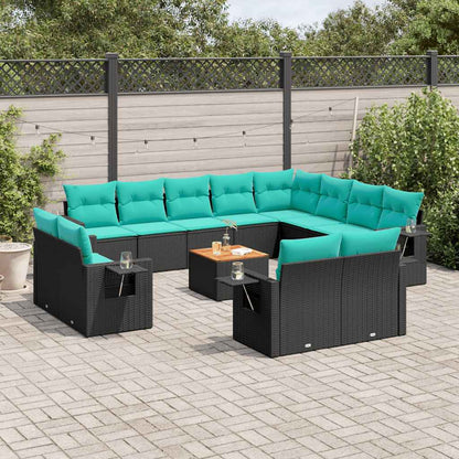 Tuinbank – Buitenbank – Tuinbankje – Tuinmeubel – Loungeset – Weerbestendig PE-rattan – Inklapbare Bijzettafeltjes – Acaciahouten Tafelblad – Wasbare Kussenhoezen – Zwart/Blauw