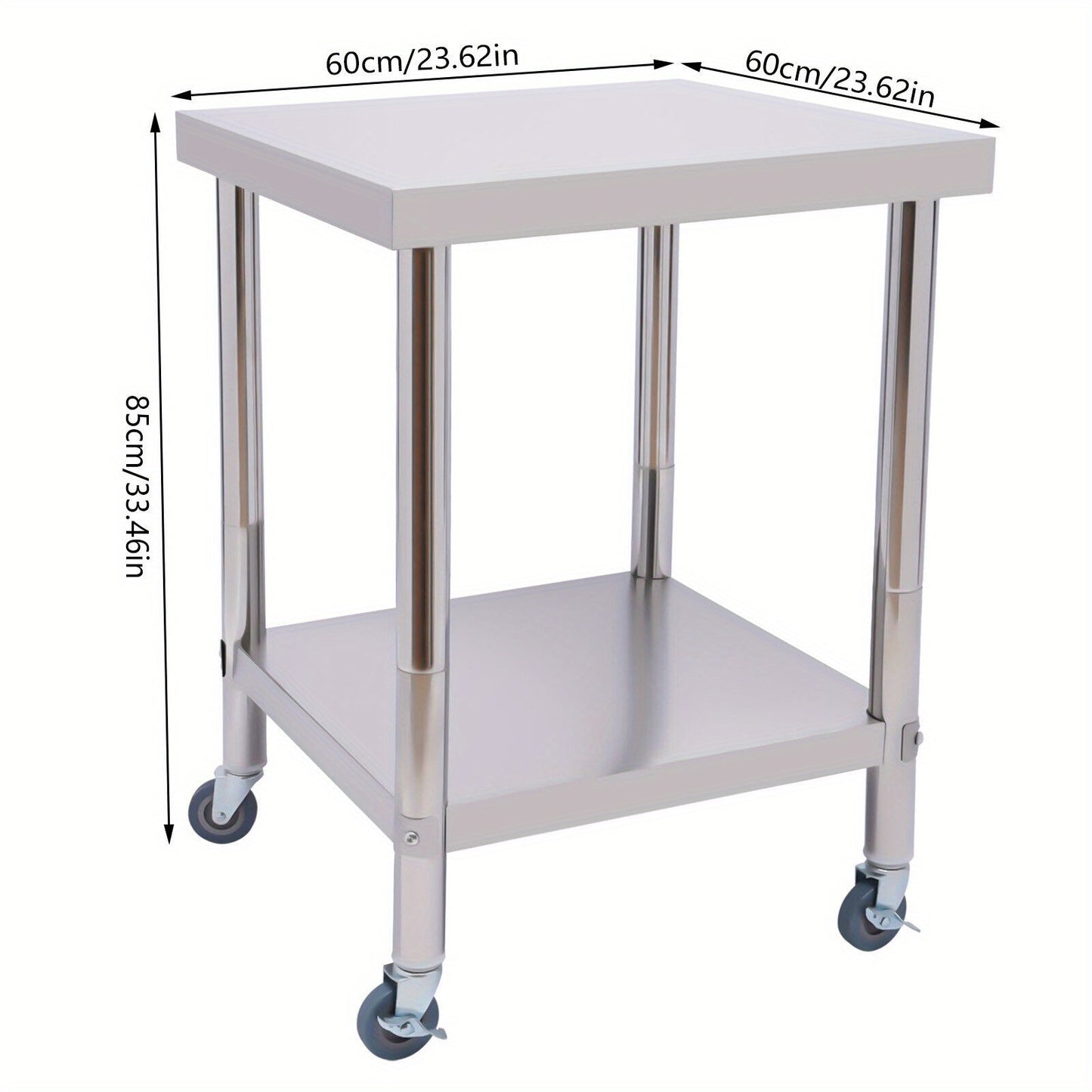 Roestvrijstalen Werkbank – RVS Werktafel – Werkbank Met Wielen – Keukentafel – Gastro Werktafel – 60x60 cm – 2 Niveaus – Draagvermogen 300 kg