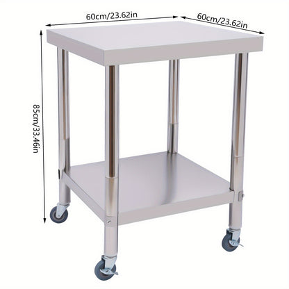 Roestvrijstalen Werkbank – RVS Werktafel – Werkbank Met Wielen – Keukentafel – Gastro Werktafel – 60x60 cm – 2 Niveaus – Draagvermogen 300 kg