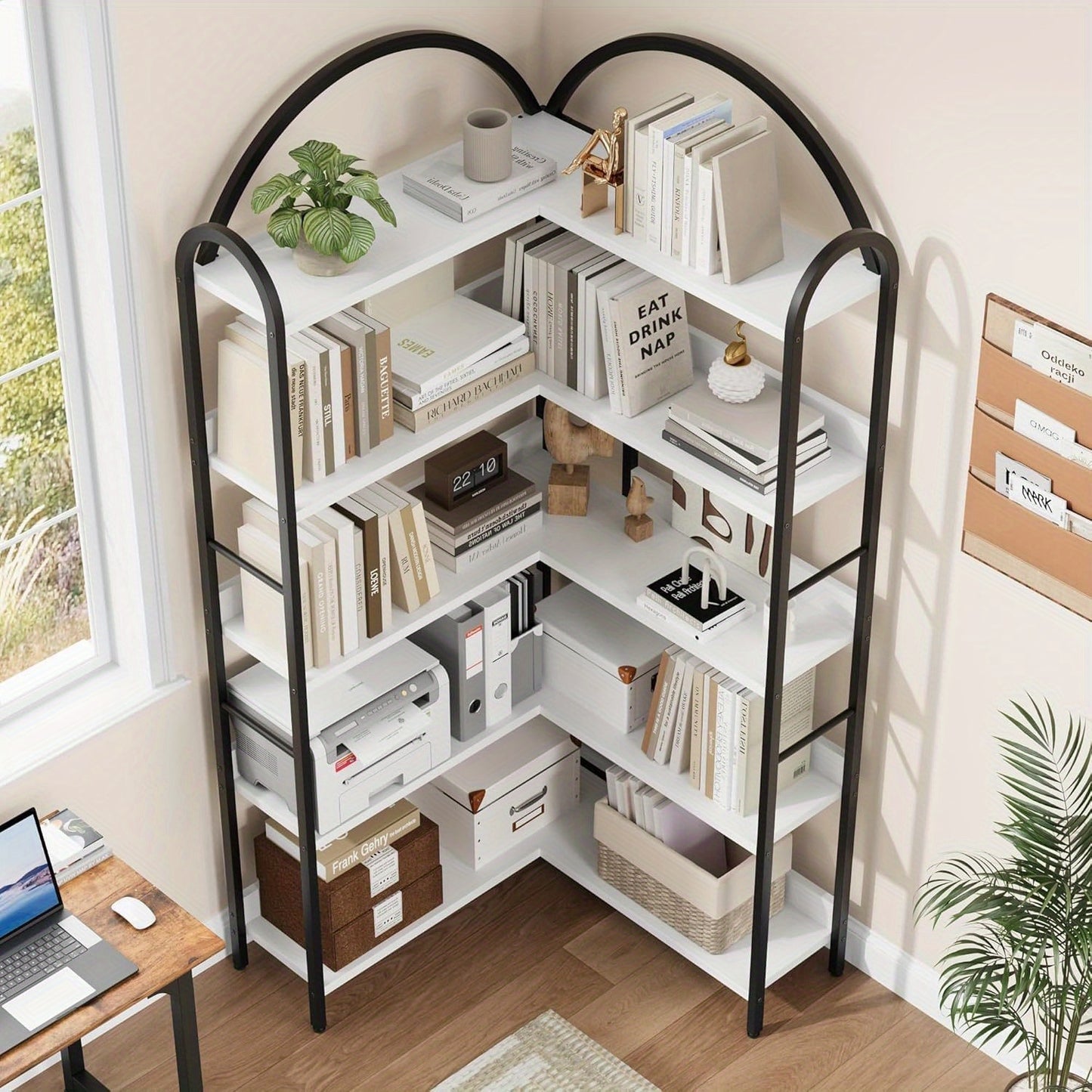 1pc Heavy-Duty Industrial Metal L-Shaped Corner Bookshelf with 5-Tier Arched Shelving Unit - Freestanding Floor Shelf with Sturdy A-Frame Design, Easy Assembly & Space-Saving Shelving for Living Room, Bedroom, Home Office - M