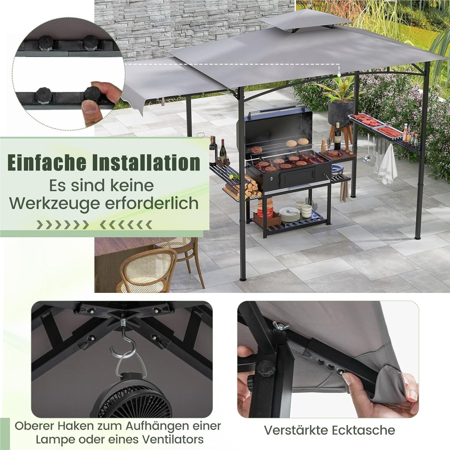 Grillpaviljoen – BBQ Overkapping – Tuinpaviljoen – Grillovertrek – Tuinhoes – Dubbel Dak – Met Zijluifel & Zijtafels – Weerbestendig Grilschap – 318x153x250 cm – Grijs