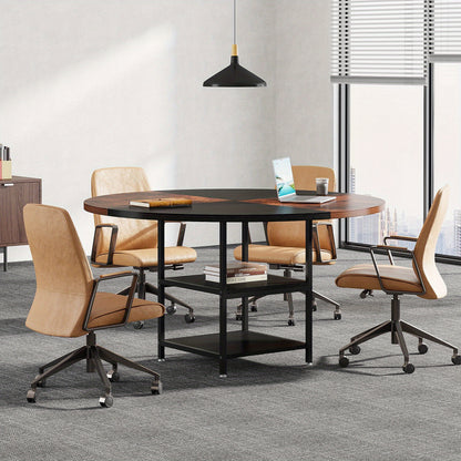 Vergadertafel – Conferentietafel – Bureautafel – Trainingszaaltafel – Kantoortafel – Ronde 120 cm – Engineered Wood Met Opbergruimte – Stevige Metalen Poten – Zwart Bruin Modern Design