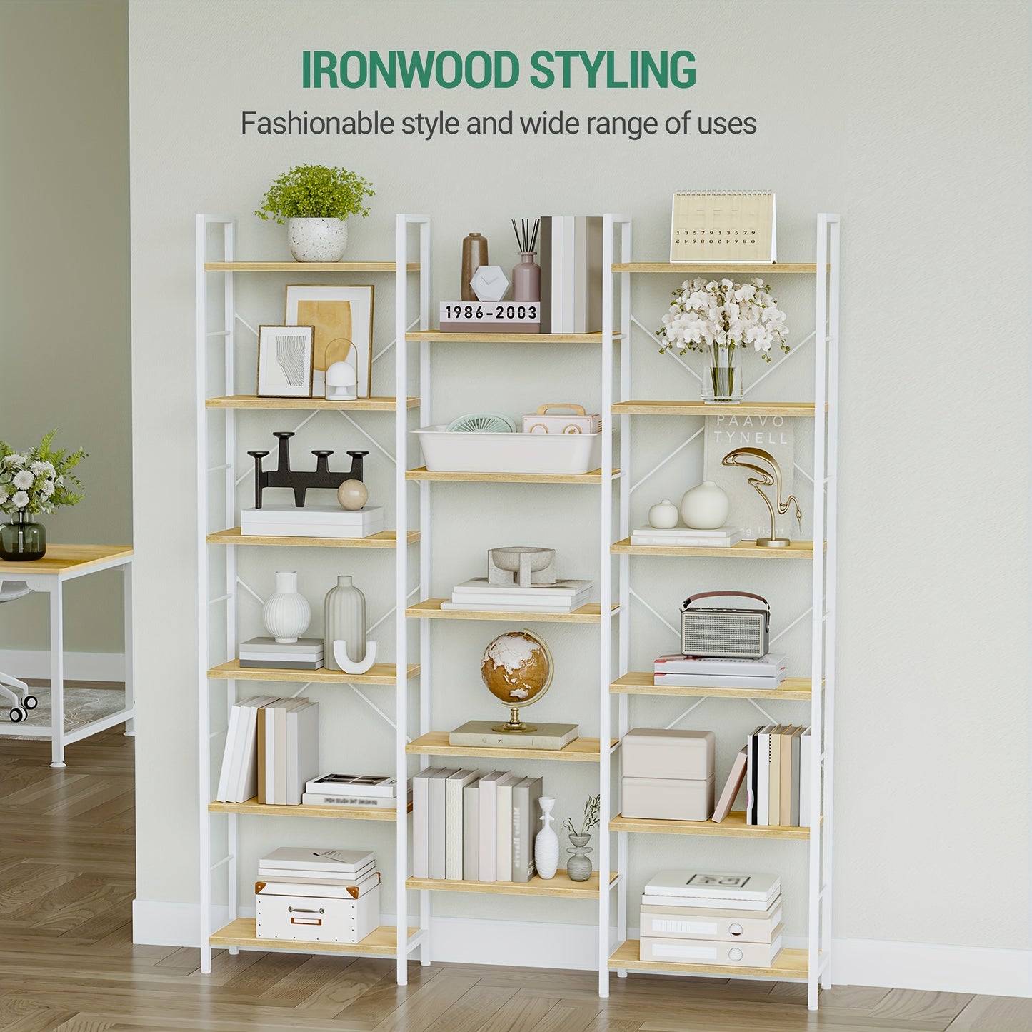 Boekenkast – Vakkenkast – Opbergkast – Boekplank – Wandkast – Vrijstaand – 17 Planken – Verstelbare Plankhoogte – Wit Eikenhout – Draagkracht 340 Kg – 24x152x186 cm