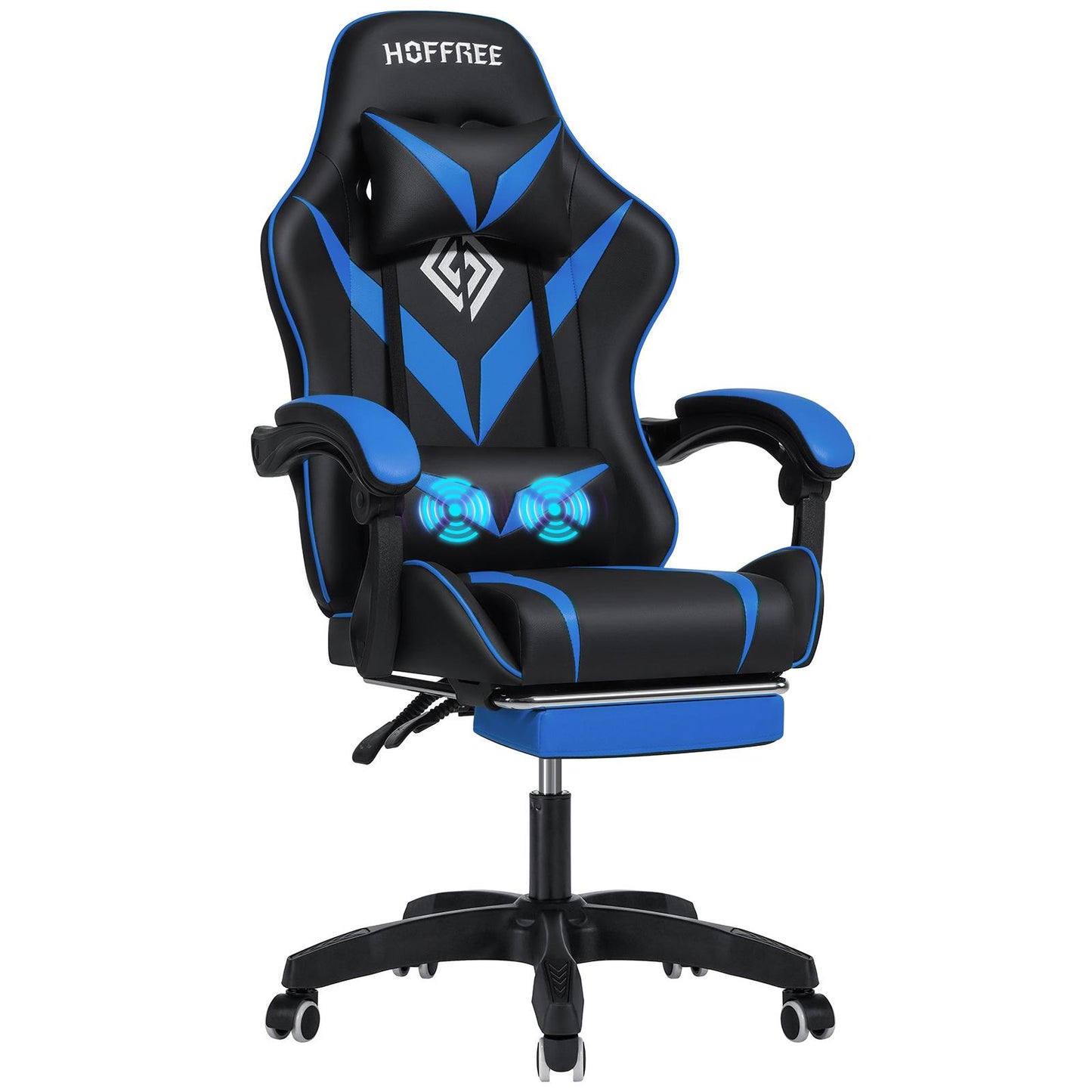 Gamingstoel – Bureaustoel – Gamer Stoel – Recliner – Computestoel – Met 2-Punts Lendenmassage – Verstelbare Rugleuning & Voetsteun – Blauw-Zwart