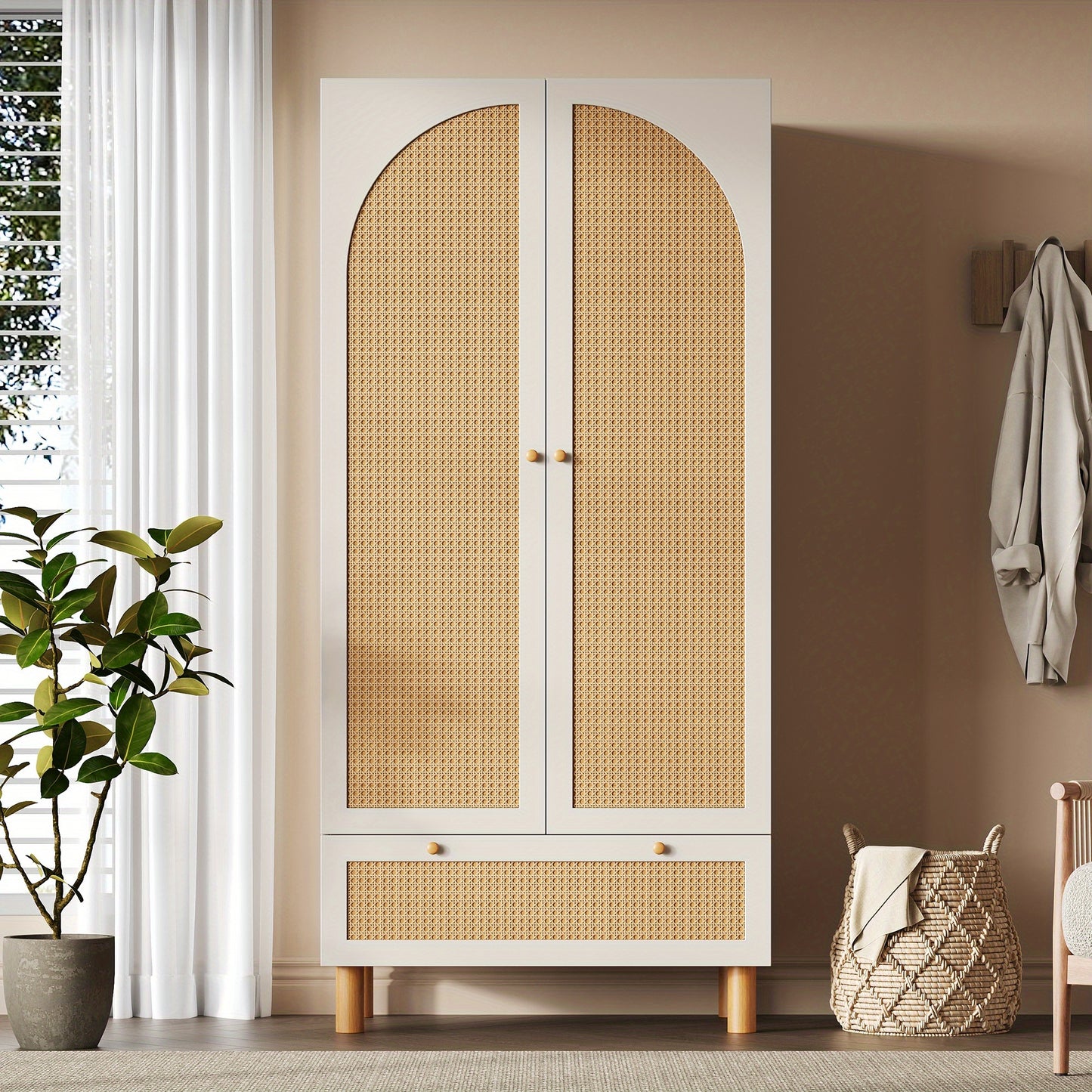 Kastenunit – Opbergkast – Kabinet – Dressoir – Ladekast – Tegen Kantelen – Verstelbare Planken – Rieten Deuren – Vrijstaand – Wit Houtkleur