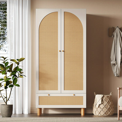 Kastenunit – Opbergkast – Kabinet – Dressoir – Ladekast – Tegen Kantelen – Verstelbare Planken – Rieten Deuren – Vrijstaand – Wit Houtkleur