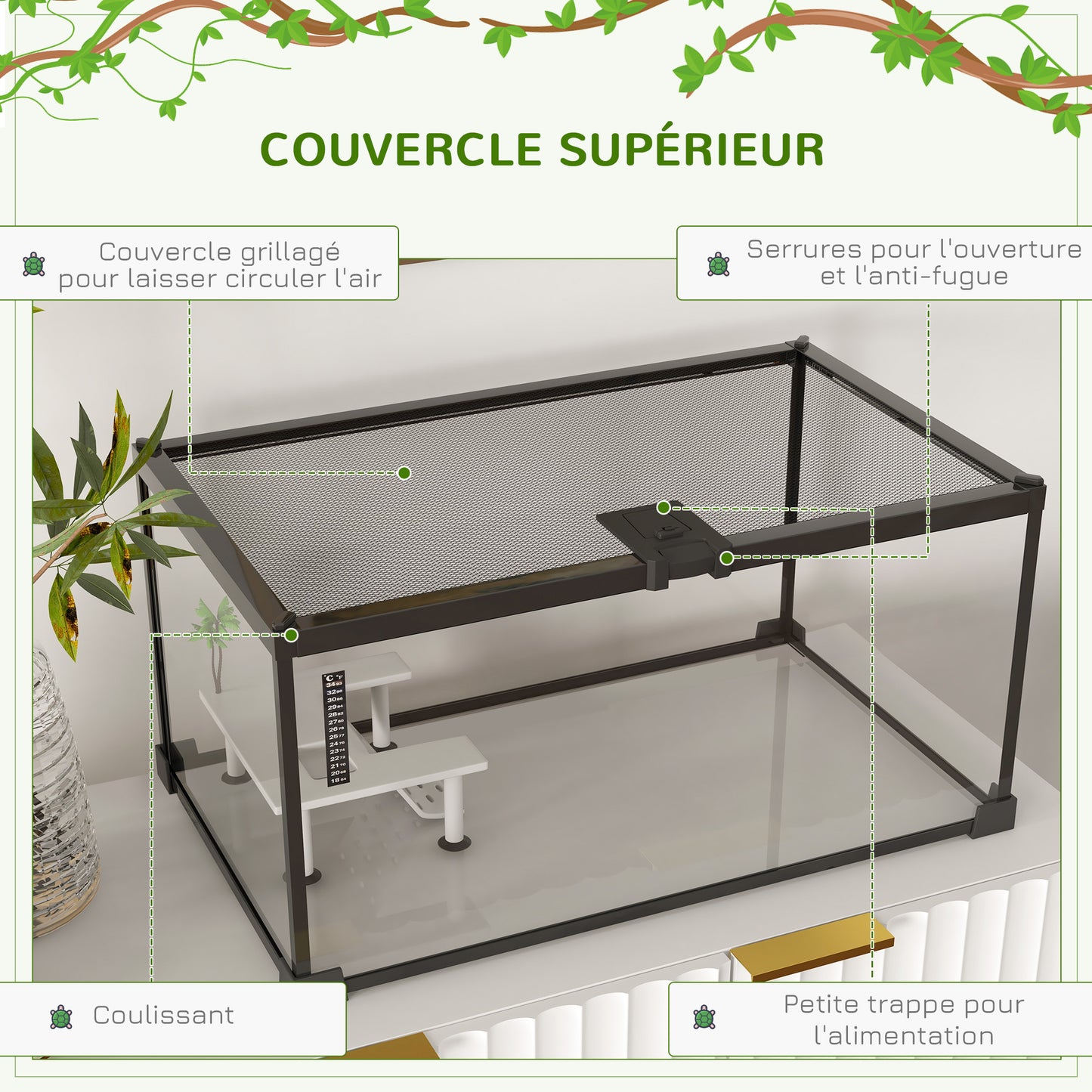 Terrarium voor schildpadden – Reptielenbak – Vivarium – Terrariumkast – Reptielenhuis – Met Sluitbaar Metalen Gaasdeksel – Gemaakt van Glas en Metaal – Inclusief Platform met Oprit en Thermometer – Afmetingen 50x30x25 cm