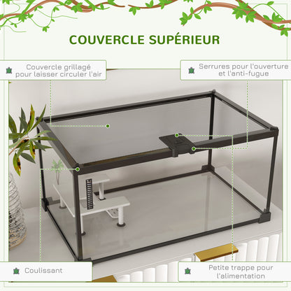 Terrarium voor schildpadden – Reptielenbak – Vivarium – Terrariumkast – Reptielenhuis – Met Sluitbaar Metalen Gaasdeksel – Gemaakt van Glas en Metaal – Inclusief Platform met Oprit en Thermometer – Afmetingen 50x30x25 cm