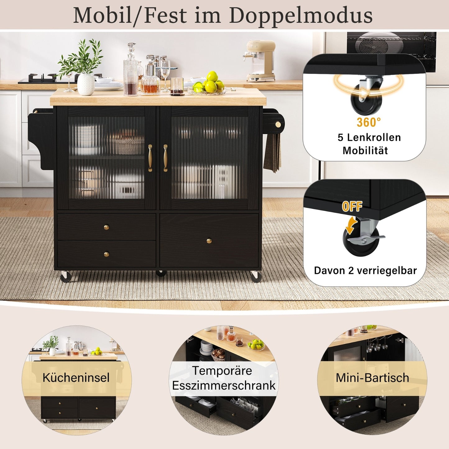 Verplaatsbaar Keukeneiland – Keukentrolley – Bar Tafel – Opbergkast – Eettafel – Inklapbaar – Wijnrek – Wielen Met Rem – Wit – Compact En Stijlvol