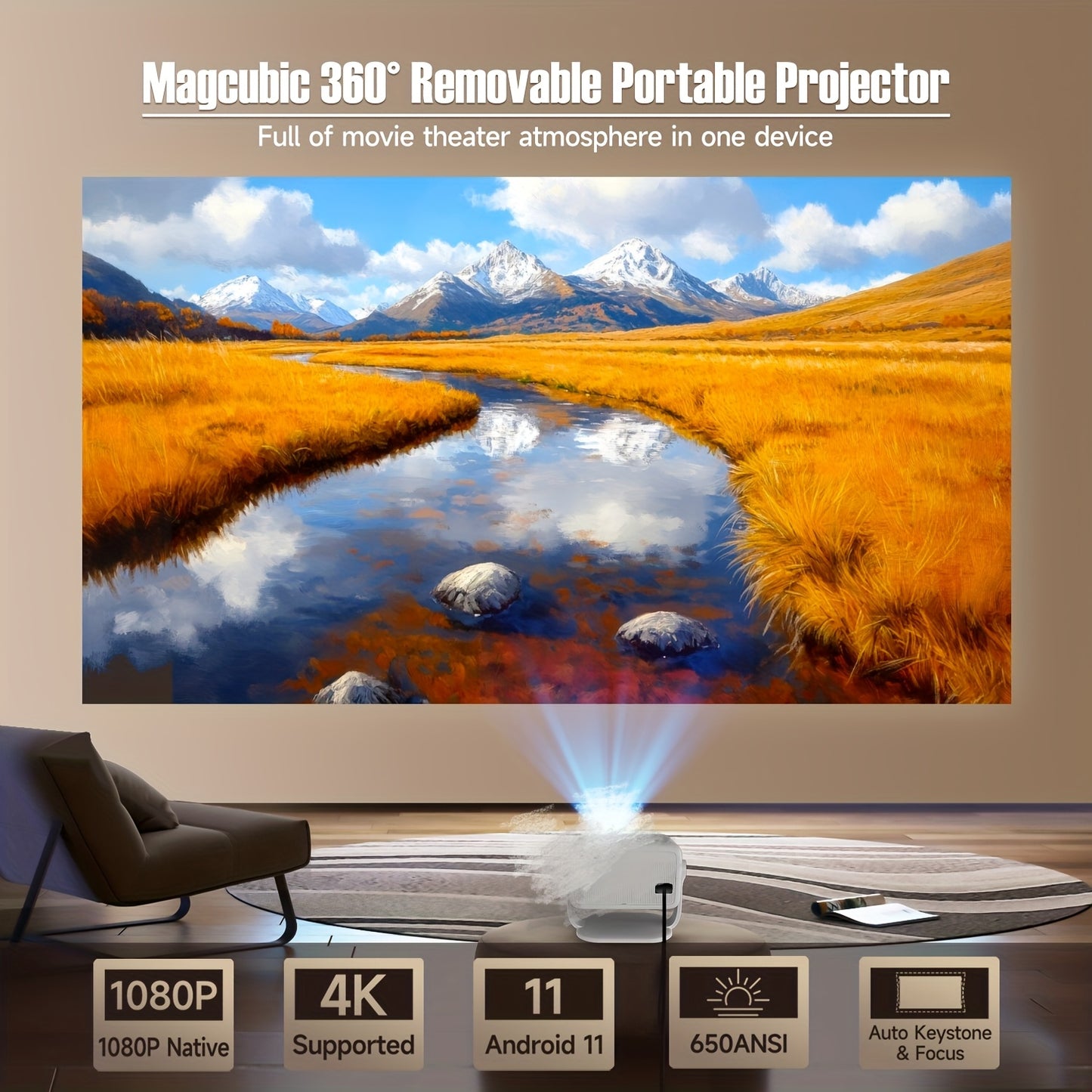 Projector – Beamer – Mini Beamer – Smart Projector – Draagbare Projector – 650 ANSI Lumens – Native 1080P Full HD – Android 11 – Automatische Keystone Correctie – 150 Inch Scherm