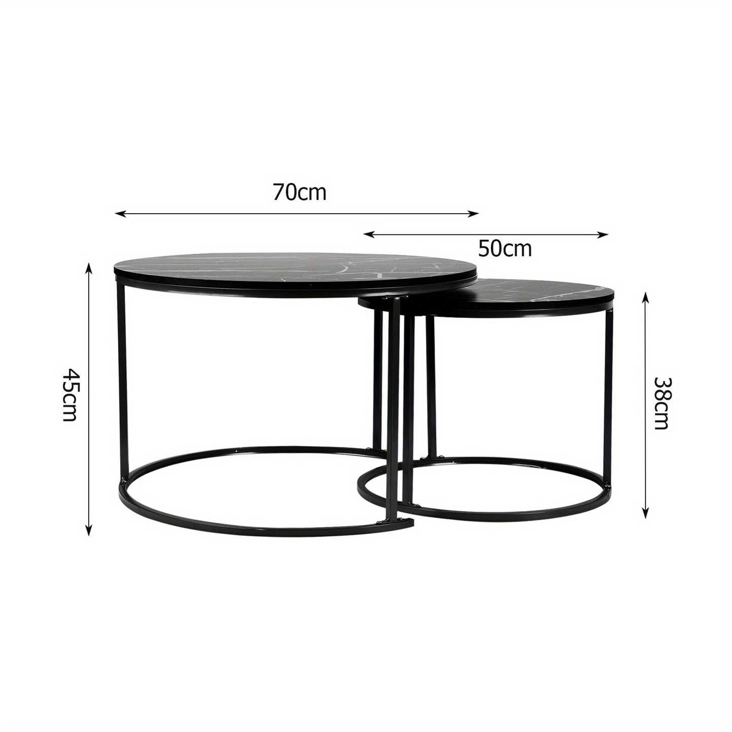 Nordic Salontafel – Woonkamer Tafel – Bijzettafel – Koffietafel – Set Van Twee – Zwart – Metalen Frame – Compact Formaat 45x45x70/38x38x50 cm