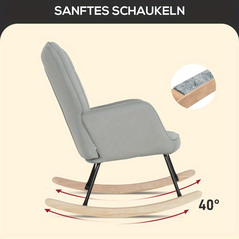 Schommelstoel – Relaxstoel – Fauteuil – Loungestoel – Voedingsstoel – Lichtgrijs Fluwelen Bekleding – Met Houten Sledes en Stabiel Metalen Frame