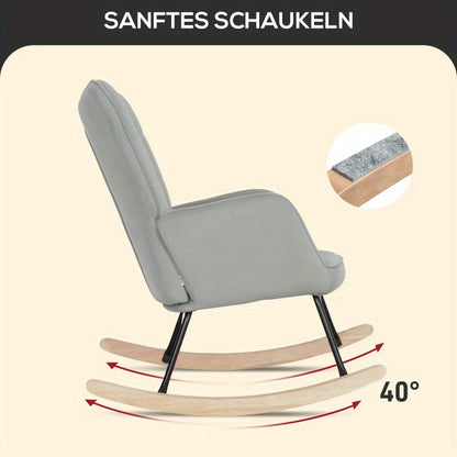 Schommelstoel – Relaxstoel – Fauteuil – Loungestoel – Voedingsstoel – Lichtgrijs Fluwelen Bekleding – Met Houten Sledes en Stabiel Metalen Frame
