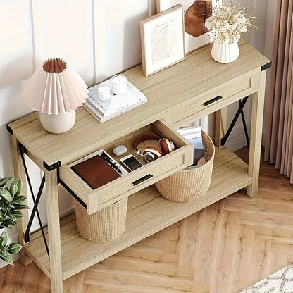 Rustieke Sidetable – Bijzettafel – Haltafel – Sofa Tafel – Opbergmeubel – Burlwood Variant – Houten Frame – 2 Rieten Lades – Open Opbergplank – 109 cm Breedte – Eenvoudige Montage