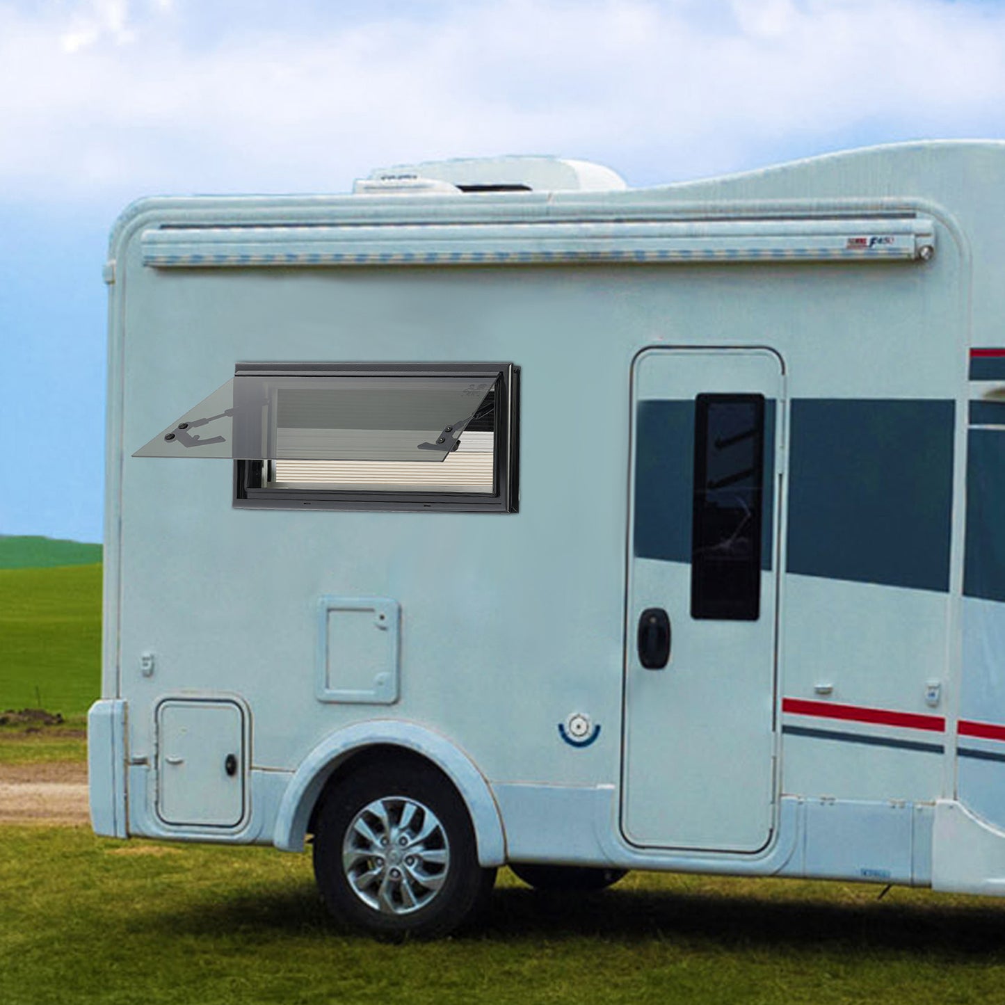 RV Tempered Uitzetraam – Camperraam – Caravanraam – Trailerraam – Ventilatievenster – Aluminium Alloy – Met Hor en Zonwering – 700x300mm Rechthoekig Rechts