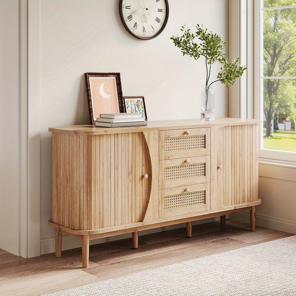 Modern Farmhouse Sideboard Cabinet with Sliding Doors - Natural Beige & Brown Storage Furniture, Adjustable Shelves, Entryway, Living Room, Dining Room Organizer - Easy Assembly Required, Entryway Furniture, Contemporary Desi