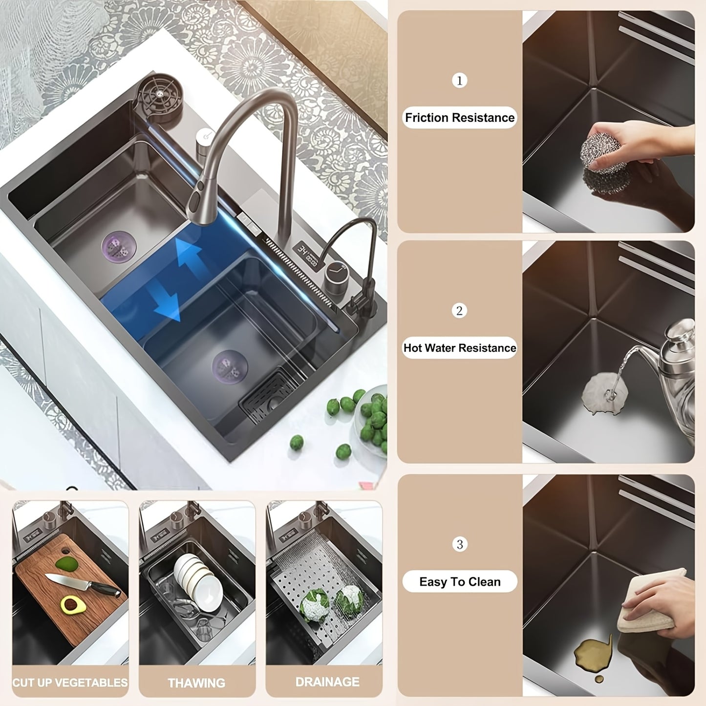 Keukenspoelbak – Spoelbakken Keuken – Wasbak Keuken – Gootsteen Keuken – Enkele Spoelbak – RVS 304 – 80x45 cm – Inbouw Onderbouw Opbouw – Met Afdruipvlak – Zwart