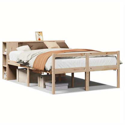 Modern Bed – Stapelbed – Slaapbank – Bedframe – Opbergbed – Massief Pijnhout – 140x190 cm – 2 Lades & 2 Planken – Duurzaam en Ruimtebesparend