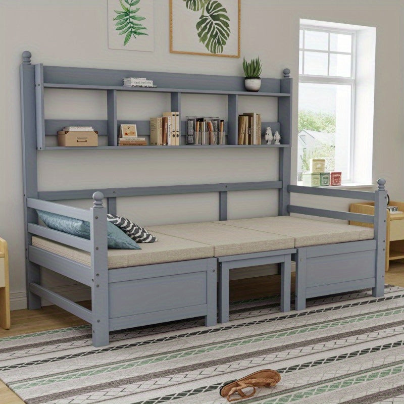 Multifunctionele Slaapbank – Logeerbank – Bedbank – Slaapbed – Studiebank – 200x90 cm – 2-in-1 Ontwerp Met Opbergrek – Comfortabele Grijze Kussens