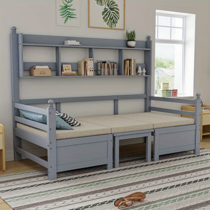 Multifunctionele Slaapbank – Logeerbank – Bedbank – Slaapbed – Studiebank – 200x90 cm – 2-in-1 Ontwerp Met Opbergrek – Comfortabele Grijze Kussens