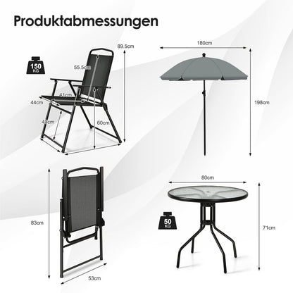 6-delige Tuinset – Tuinmeubelset – Balkonset – Buitenset – Lounge Set – Inklapbare Stoelen – Tafel Met Gehard Glas – Grote Kantelbare Parasol 180 cm – Zwart + Grijs