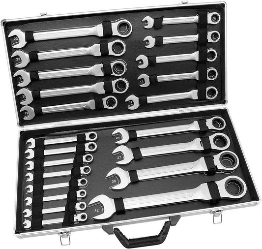 22-Piece Set 6-32mm Hinge Ratchet Wrench Set Ring Mouth Wrench Set Tools Fork Wrench Ratchet Spanner Socket Wrench Ratchet Case Screw Wrench Tool with Box - QUORE