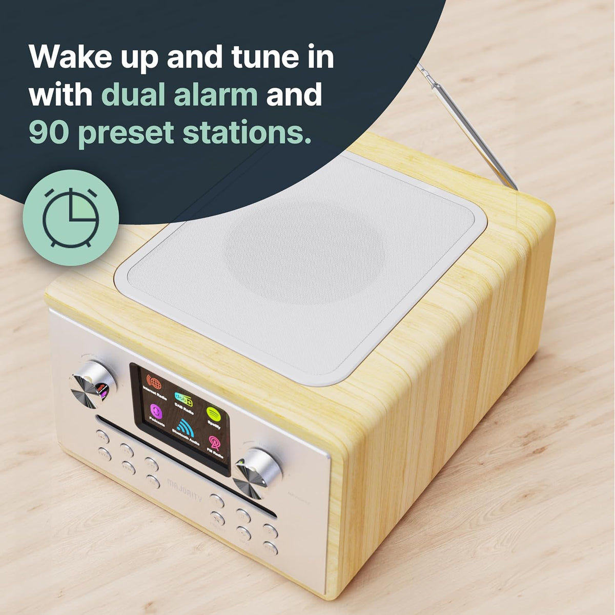 Majority Homerton Internetradio met CD-Speler & DAB+ | Bluetooth, Spotify Connect, FM-Radio, Podcasts | 90 Zenderpresets, Dubbel Alarm, EQ | Full Colour Display & Afstandsbediening | Eikenhout Design