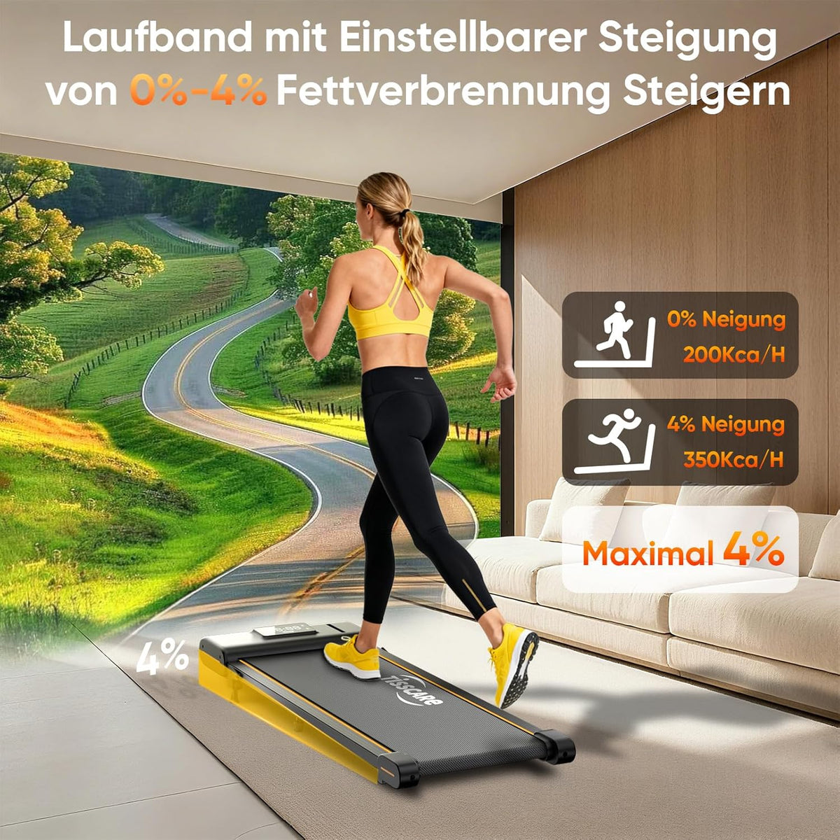 TISSCARE Treadmill for Home and Office, Silent Walking Path with Improved Tread 141.5cm and 55.5cm, 4% Incline Function, 1-6km/h, LED Display, 130kg Load Capacity, Under Desk Treadmill - QUORE