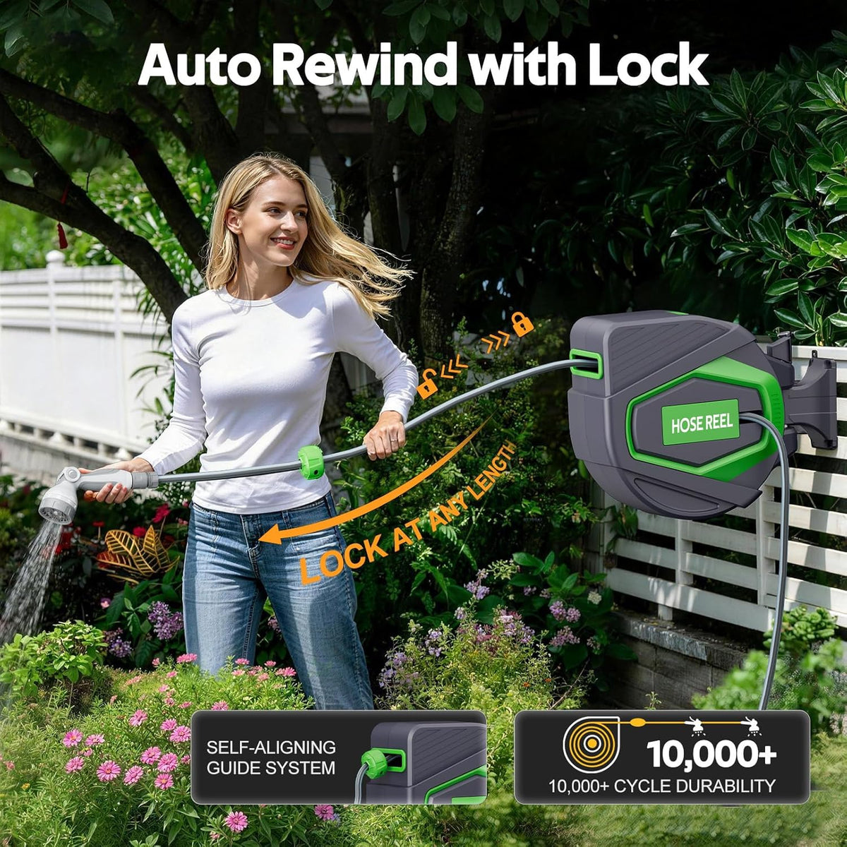 Wandslangbox, automatisch, 28 + 2 m, uittrekbare tuinslang met wandhouder, 180 graden draaibaar, Any-Stop en multifunctioneel mondstuk, uv-bestendige slanghaspel voor tuin, terras, reiniging