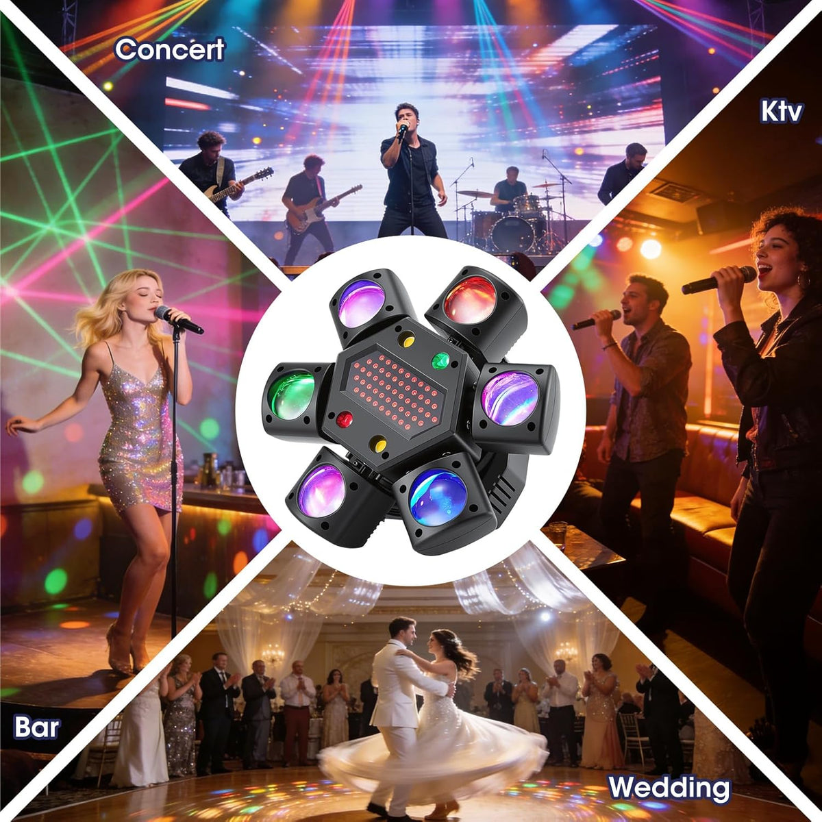 80W Moving Head LED met Afstandsbediening, RGBW Disco Licht 6 Armen + Bijenoog Effect, DMX512 Soundactief voor DJ Bar Feestverlichting